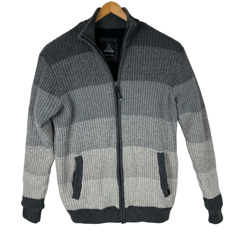 Prana Striped Mock Neck Cotton Wool Full Zip Sweater Jacket